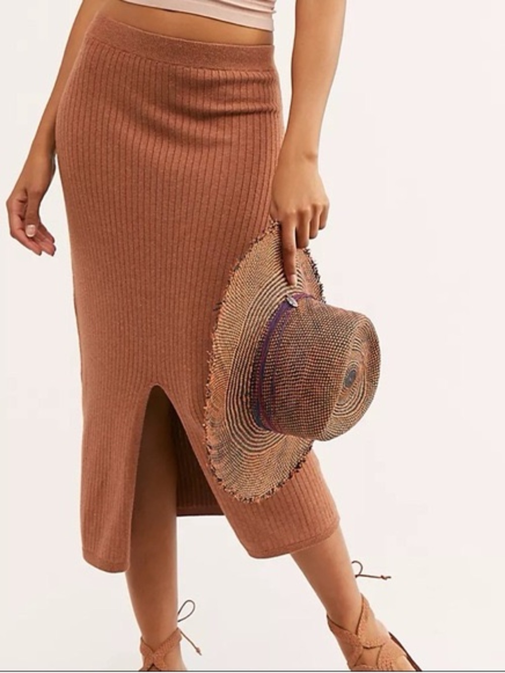 NWT Free People skyline ribbed caramel brown midi skirt
